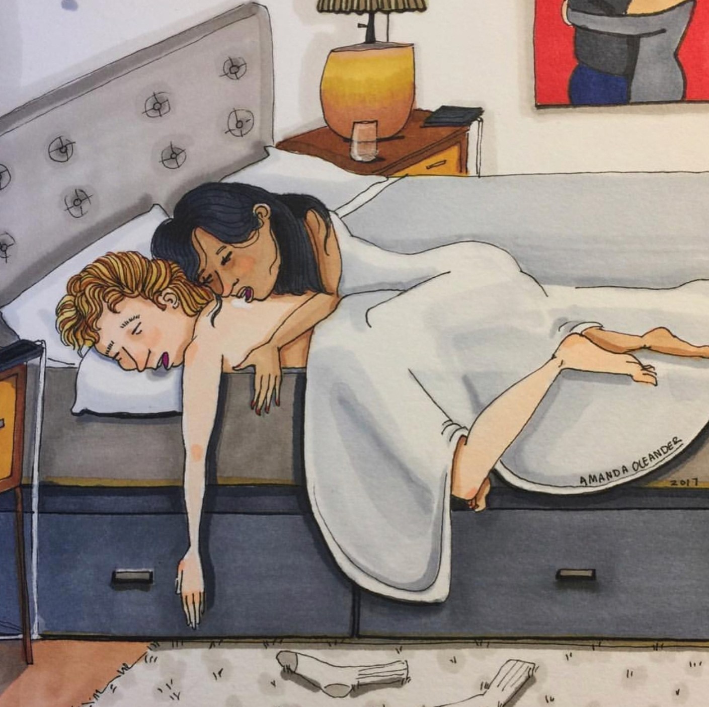 Жена укладывает мужу спать. Художница Amanda Oleander. Сон иллюстрация.