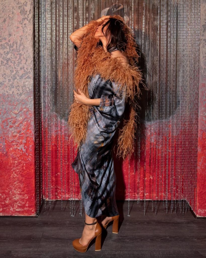«Чудо в перьях»: Мейхер блеснула сочной фигурой в элегантном платье